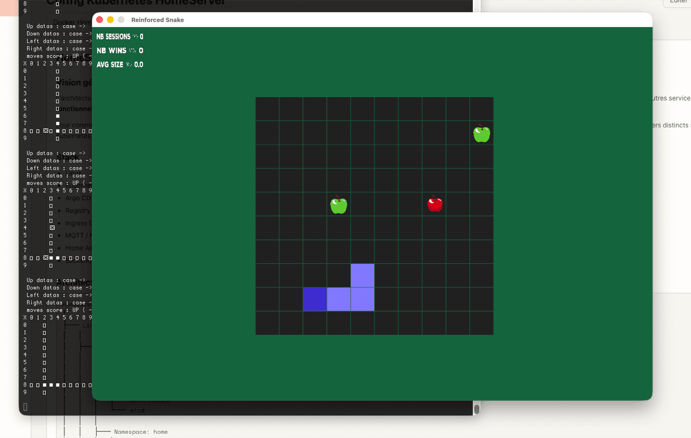 Learn2Slither SDL3 window during a session, showing the snake, apples and training statistics