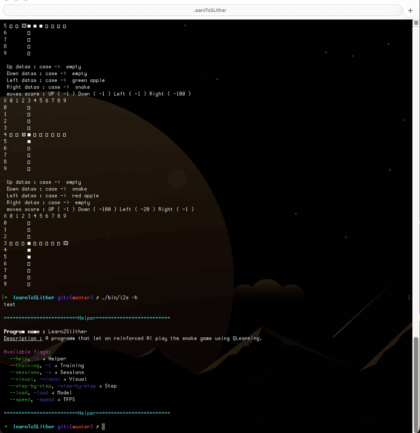 Terminal output showing the snake's vision in four directions and the score of each move