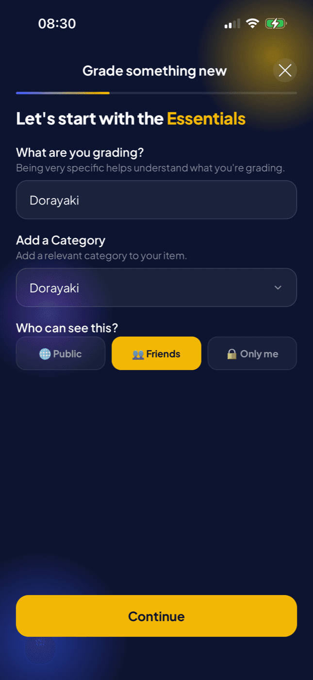 Creating a rating, choosing its category and visibility